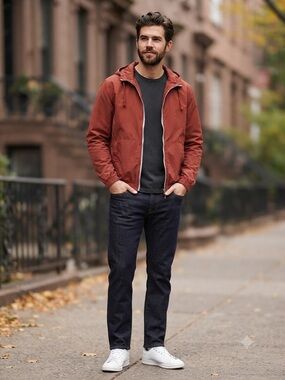 Denim & Flower Men's Hooded Windbreaker Jacket - Rust Red